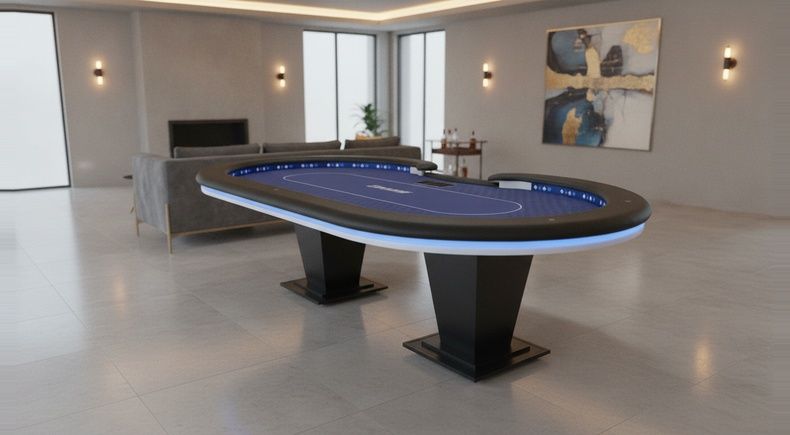 Mesa de Poker Profissional 12 Lugares Tecido Azul, Borda em Acrílico e LED - Pro40